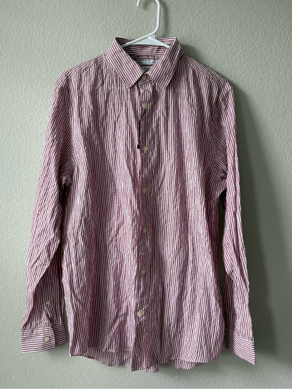 Zara Men's Red and White Striped Dress Shirt